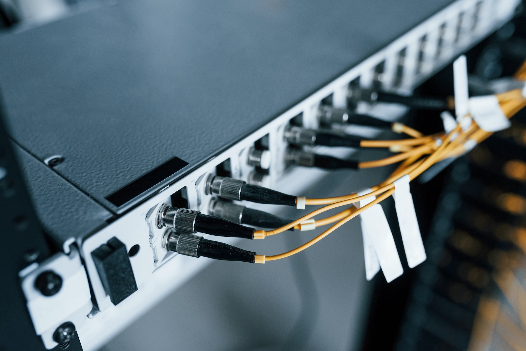 Close up view of internet equipment and cables in the server room